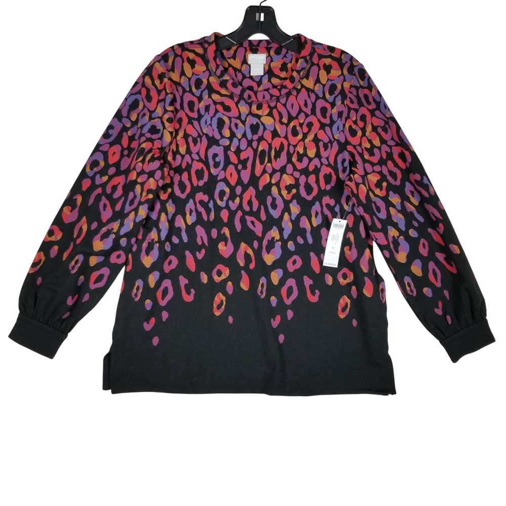 Chico's Zenergy Soho Fusion Top Women 1 Medium Black Leopard Print Long Sleeve